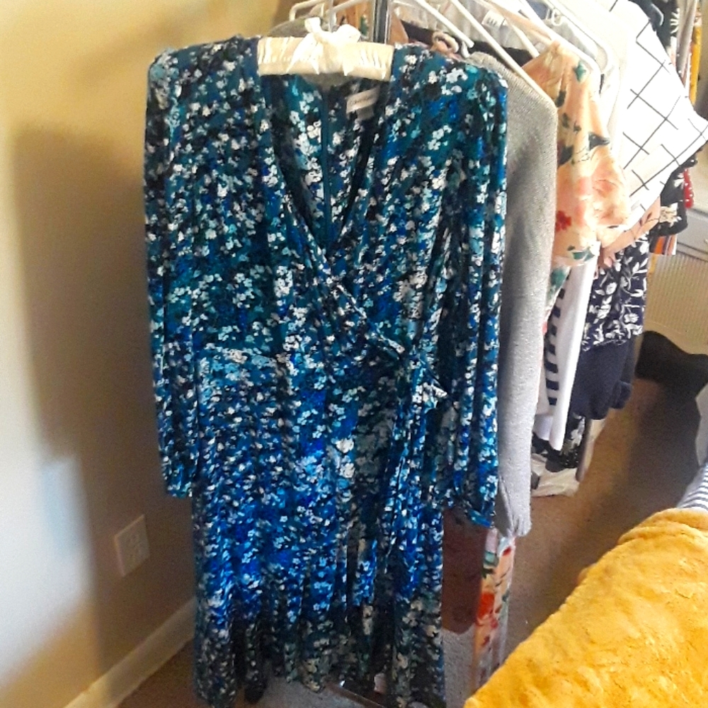 Calvin Klein Blue Floral Wrap Midi Dress